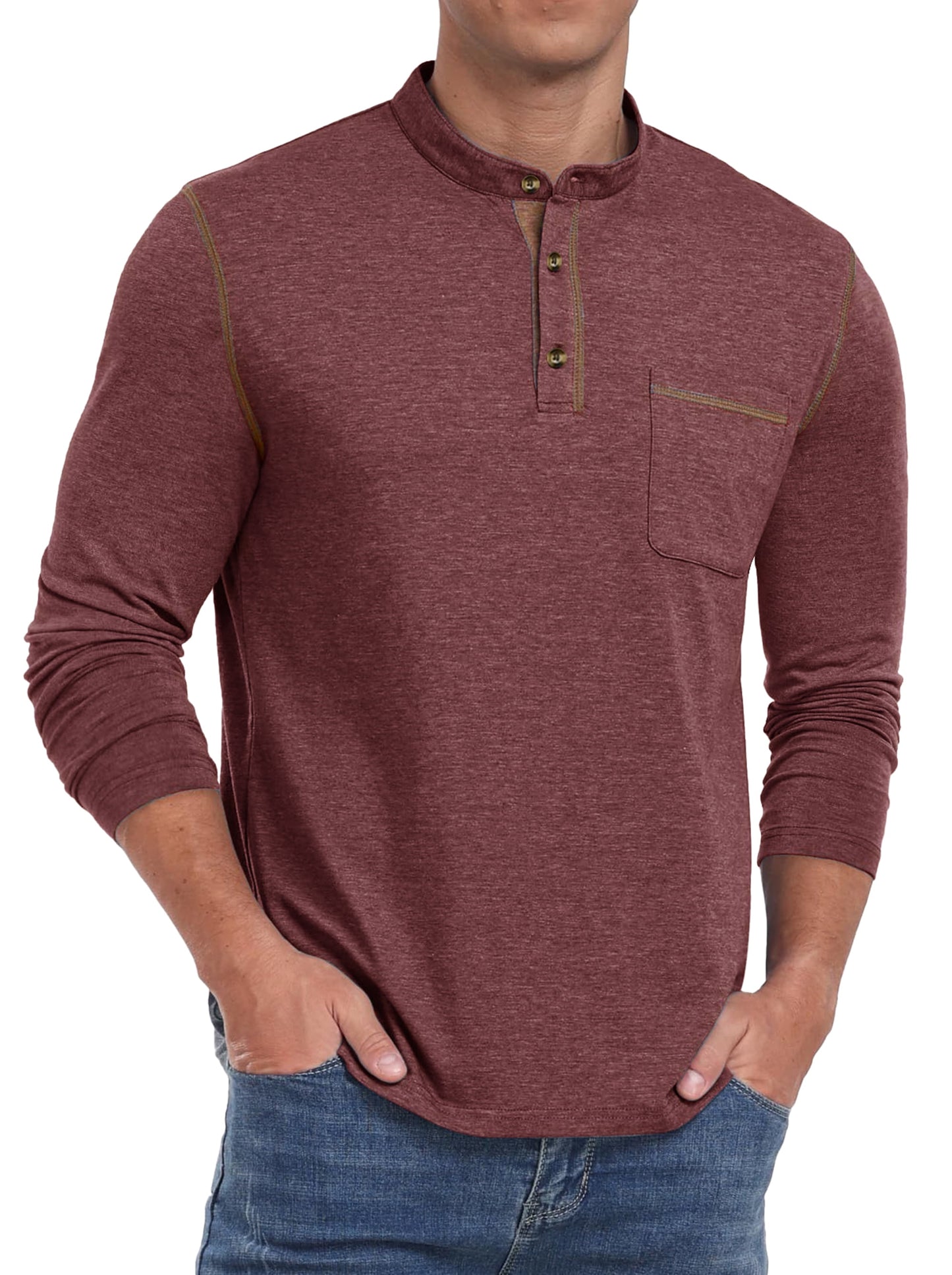 Mens Henley Shirts Long Sleeve Casual Tops Lightweight Pullover Shirt Button Cotton T-Shirt with Pocket