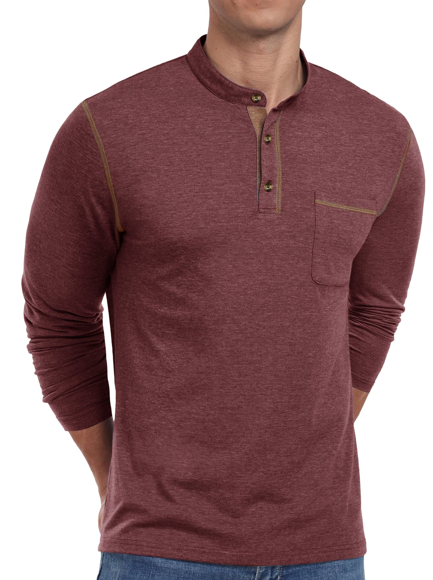 Mens Henley Shirts Long Sleeve Casual Tops Lightweight Pullover Shirt Button Cotton T-Shirt with Pocket