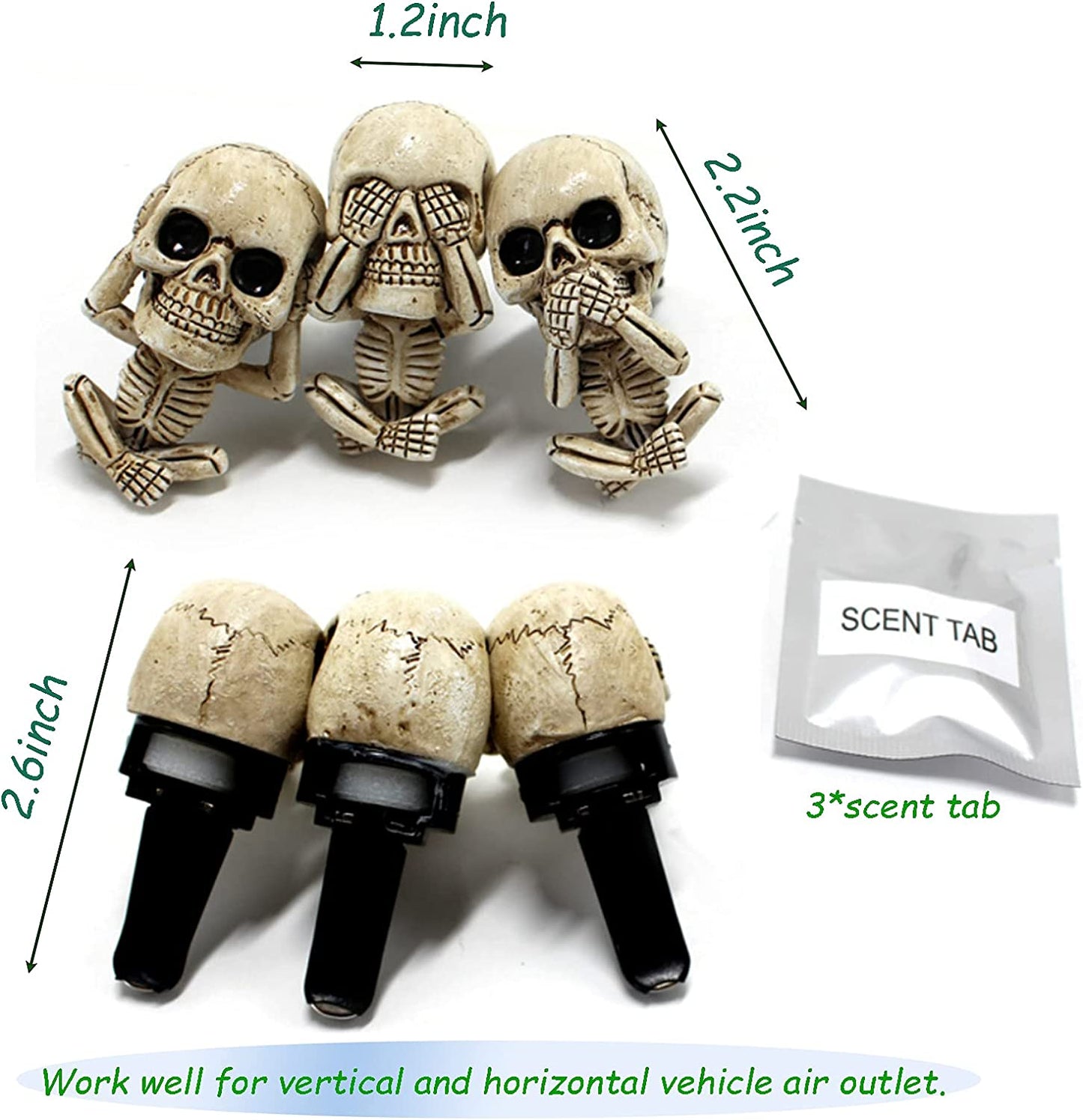 Car Air Freshener Clips, Skull Car Vent Decoration, 3 Count, Black, Unscented