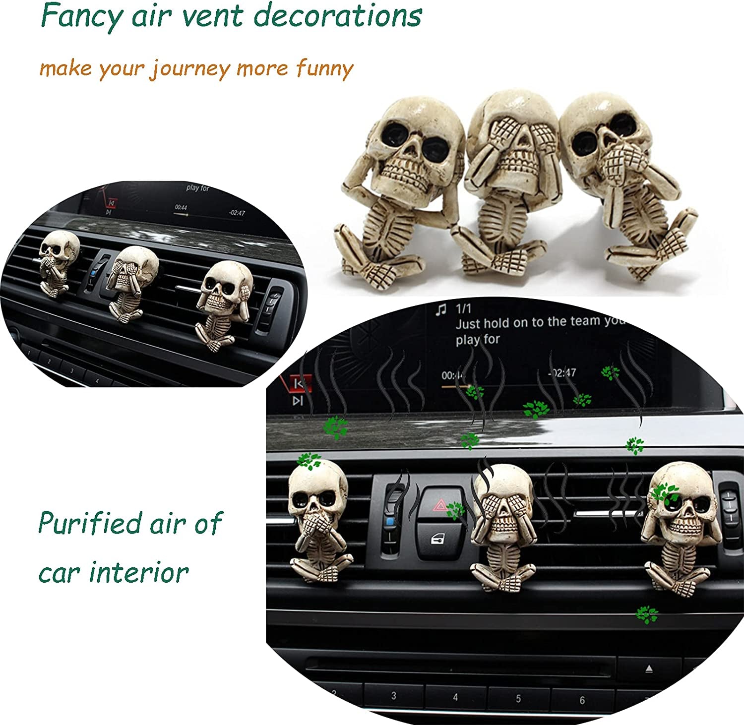 Car Air Freshener Clips, Skull Car Vent Decoration, 3 Count, Black, Unscented